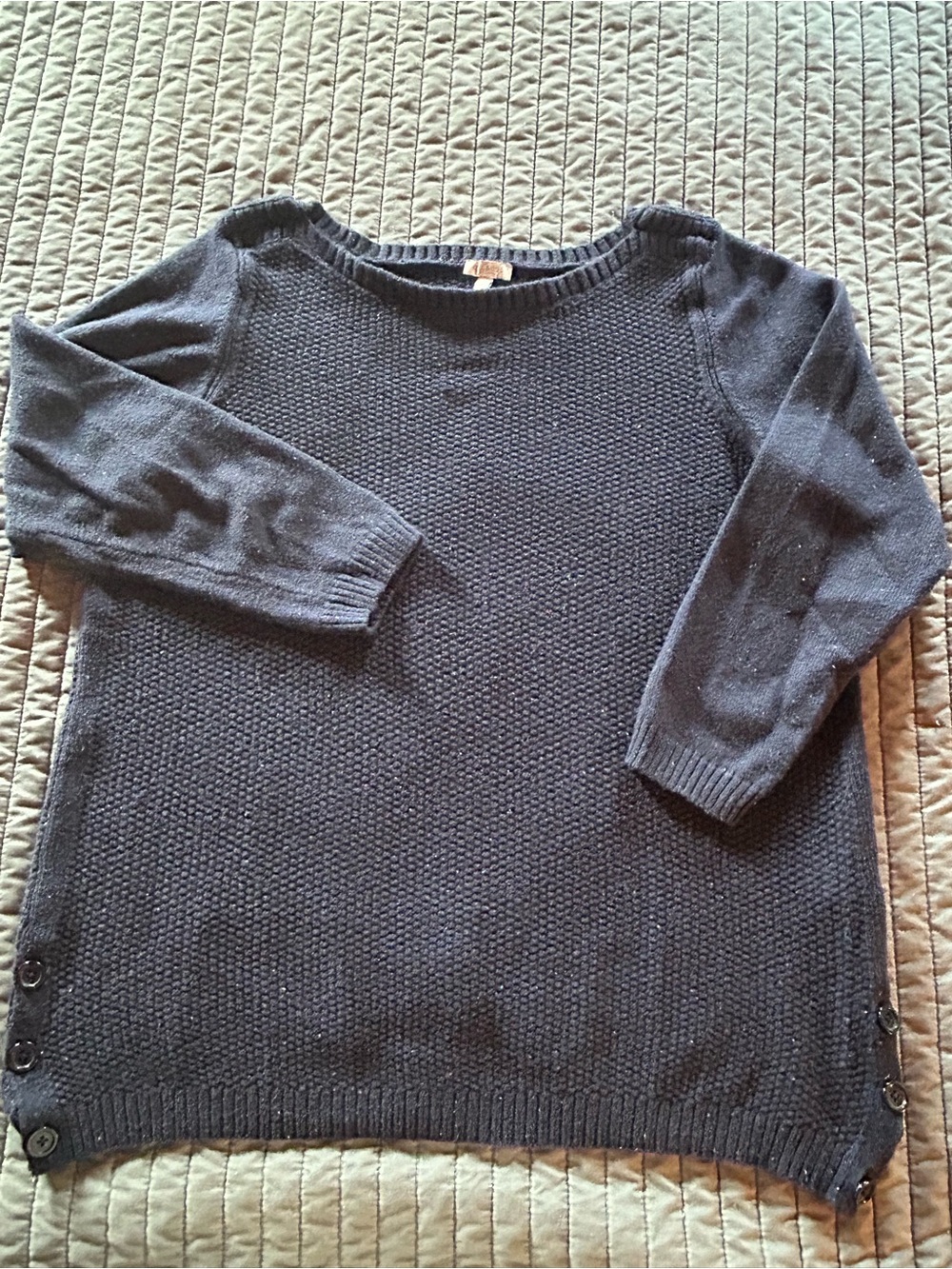 Talbots Navy Textured Crewneck Sweater with Hem Buttons